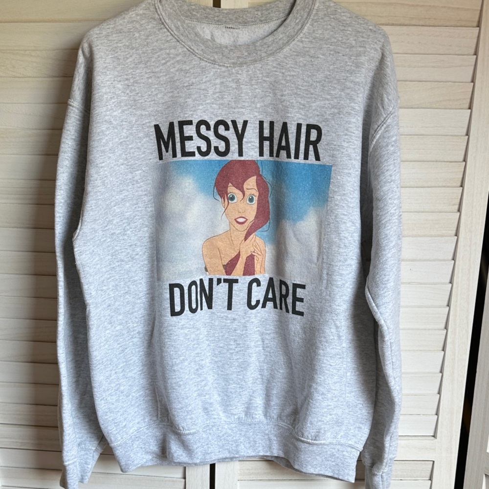 Ariel Messy Hair Don't Care Ash Gray Graphic Sweatshirt- Comfy Disney
